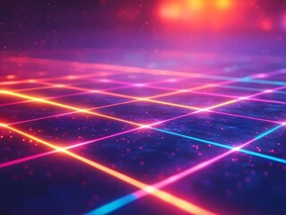 A vibrant and futuristic grid pattern illuminated with neon colors, creating a captivating atmosphere of light and energy in a digital space.