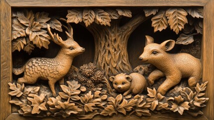 Obraz premium Forest scene wood carving in 3D, showcasing detailed leaves, trees, and woodland animals.