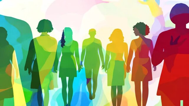 silhouettes depicting unity their walking painting conveys movement forms blending abstract diverse scene hues people colorful Vibrant colourful hue oneness silhouette colours blue yellow orange red