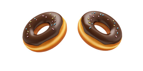 Fototapeta premium Two delicious chocolate-glazed donuts with colorful sprinkles on a isolated on a PNG transparent background., perfect for sweet treat-themed designs.