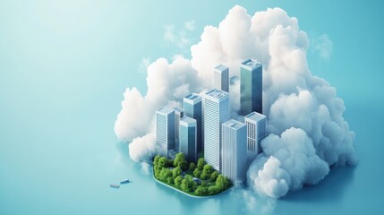 A miniature city with skyscrapers, a park, and a small boat sits on a cloud floating in the sky.
