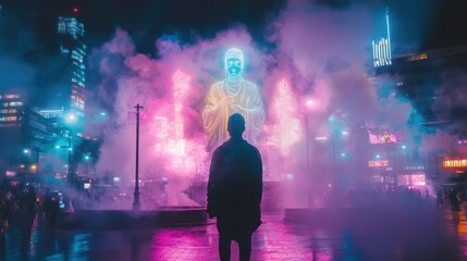 Futuristic city at night with neon lights, surrounding a glowing statue.