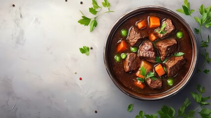 A bowl of hearty beef stew with carrots, peas, and potatoes, garnished with fresh parsley, on a gray background.