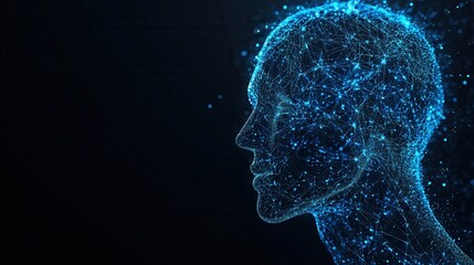 Obraz premium A digital silhouette of a human head, composed of glowing blue particles, representing technology and the connection of ideas.