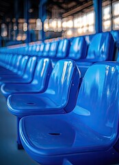 Fototapeta premium Rows of empty blue plastic seats in a stadium.