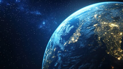 Fototapeta premium Glowing city lights on Earth at night, viewed from space, with a 3D rendering capturing urban brilliance.