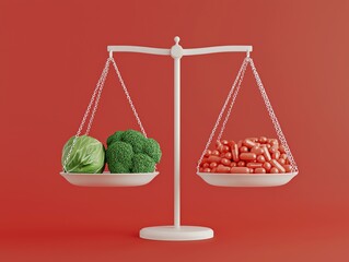 A scale with fresh food on one side and weight loss pills on the other, perfectly balanced, Weighing food vs drugs for weight loss, equilibrium in health and dieting concept