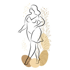 Silhouette of woman figure and plant leaves. Girl is standing. Lady is full of beauty and sexuality. Girl is overweight vector illustration.