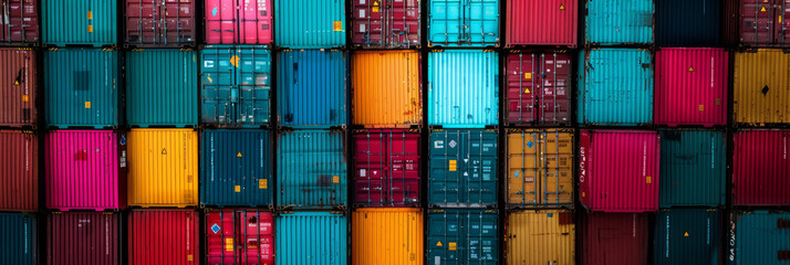 Fototapeta premium Drone view of a shipping container storage yard with containers stacked in vibrant colors, creating a geometric pattern.