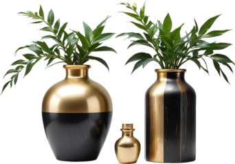 Elegant black and gold vases with lush green plants, perfect for luxury home decor