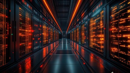 Obraz premium A futuristic server room showcasing illuminated data servers, reflecting modern technology and advanced digital infrastructure.