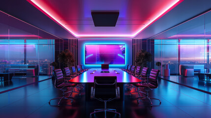 Futuristic AI-powered conference room with holographic displays and sleek, modern furniture
