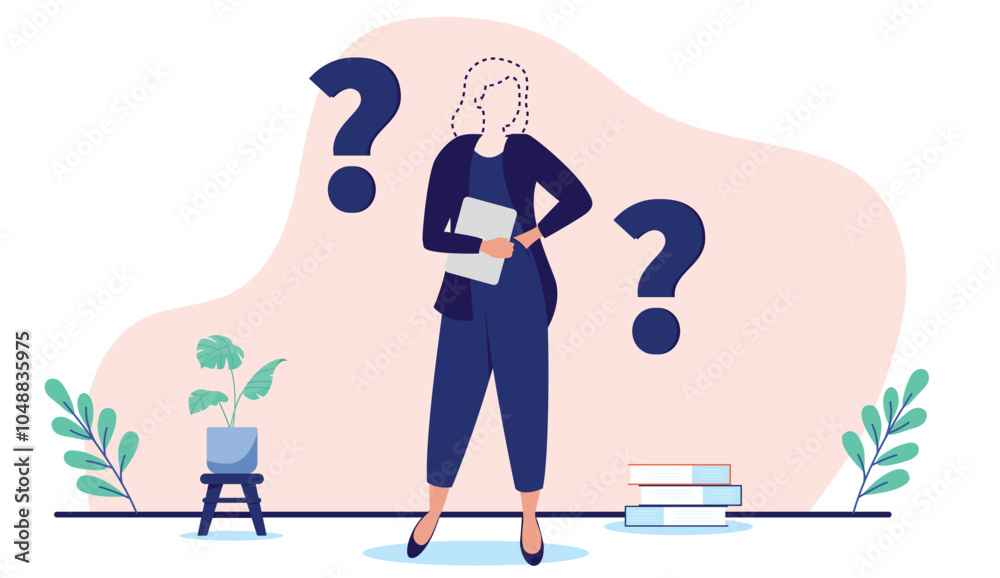 Poster anonymous faceless woman person with lack or no personality standing with question marks, feeling em