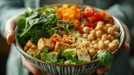 person holding a colorful salad bowl brimming with protein-rich foods like chickpeas, spinach, and tofu, set against a gym backdrop.