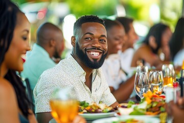 Group of African American friends dining at a local restaurant, sharing laughter and vibrant dishes, bright colors and genuine expressions, capturing shared moments