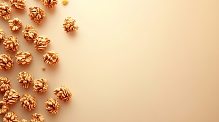 A close-up image of walnuts scattered on a light beige background. The nuts are arranged in a vertical line along the left side of the image, leaving space on the right for text.