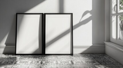 Two empty frames with black frames against a white wall with natural light streaming through a window.