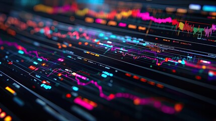 Fototapeta premium Abstract digital data visualization with colorful lines and graphs on a dark background.