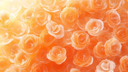 A close-up shot of a bouquet of delicate, light orange and white rosebuds arranged in a radial pattern. The image is lit from the top, creating a soft, romantic ambiance.