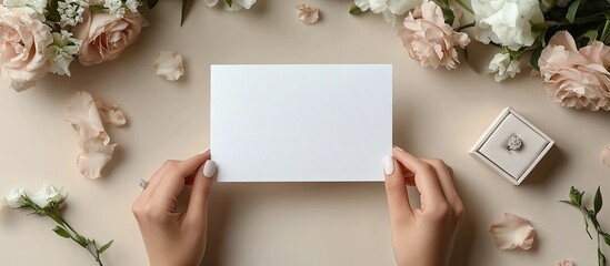 Obraz premium Female hands holding a blank card with wedding flowers and ring box.