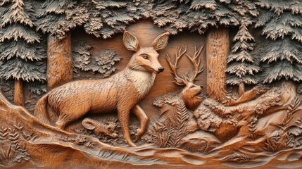 Fototapeta premium Nature-inspired wood carving featuring a wildlife scene in a detailed forest setting.