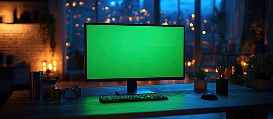 Green screen computer monitor on a desk at night.