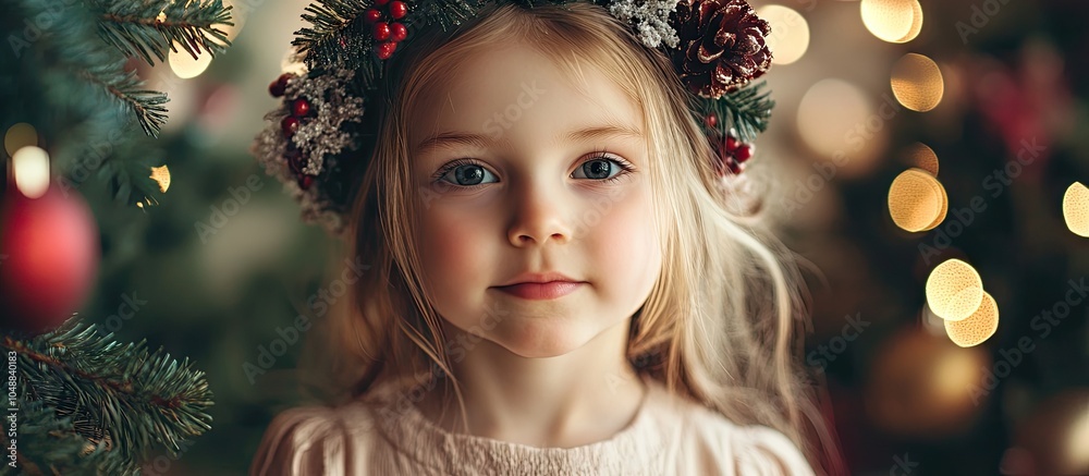 Poster girl child in a christmas setting focus on selective details holiday. with copy space image. place f