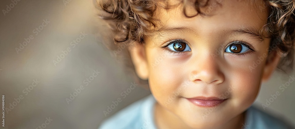 Poster Close up portrait of a lovely mixed race boy An utterly charming child with an exceptionally sweet and innocent expression on his face. with copy space image. Place for adding text or design