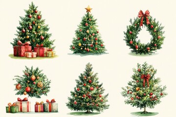Illustrations of decorated Christmas trees, ornaments, lights, wreaths, and gifts. 