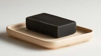 A black bar of soap on a beige soap dish.