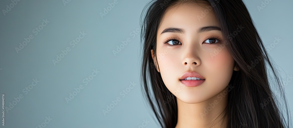 Poster young appealing asian woman suggest. with copy space image. place for adding text or design