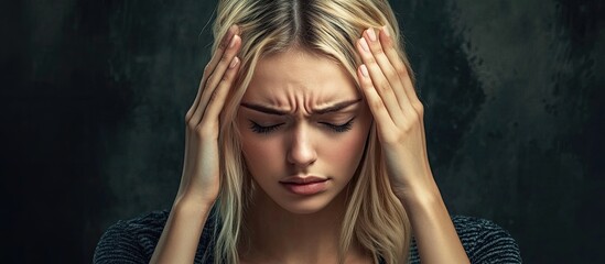 Fototapeta premium Blonde attractive woman experiencing stress and anxiety feeling depressed and frustrated with a headache raising both hands to her head. with copy space image. Place for adding text or design