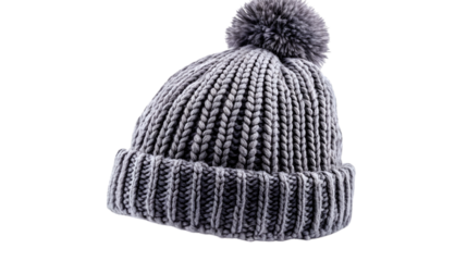 Gray warm winter hat with pompom, isolated on white background