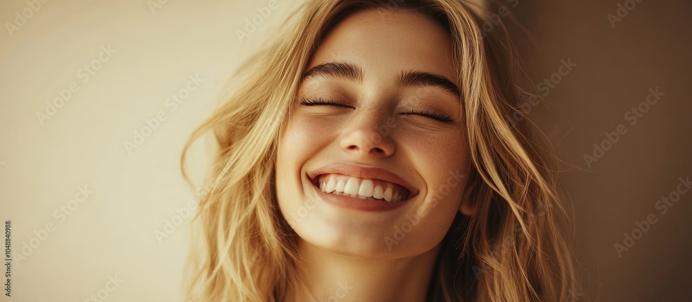 Poster beautiful young girl smiling and looking charming blond woman laughing and observing. with copy spac