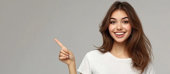 Happy woman points to copy space indicating copyspace Promo girl gestures to recommend a product pointing with her hand at advertisement content Isolated on a gray background
