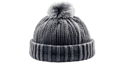 Gray warm winter hat with pompom, isolated on white background