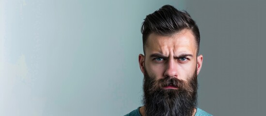 Suspicious expression Man with a trendy beard against a grey background Views on male attractiveness Grooming a fashionable beard and mustache Serious demeanor Beard style from a barber Attractive 