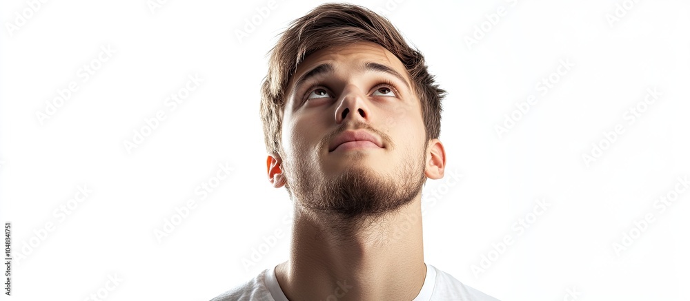 Poster portrait of a young attractive man gazing upwards isolated on a white background creative. with copy