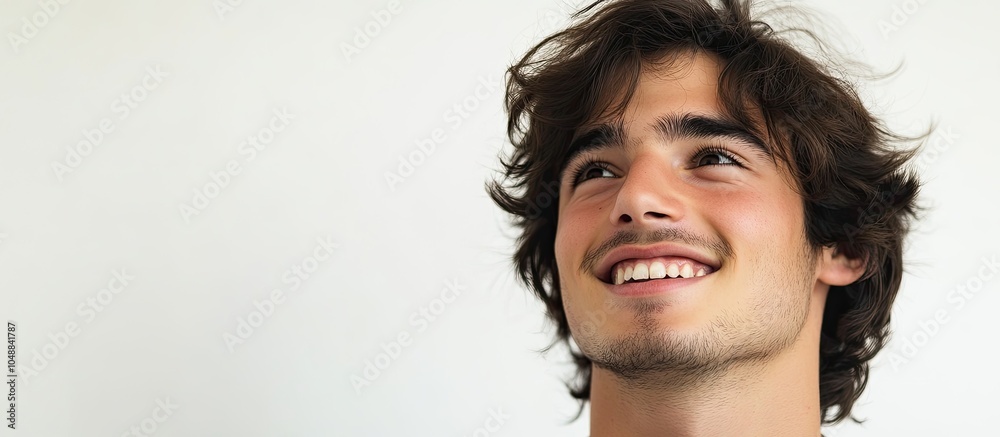 Poster Close up portrait of a young man smiling and gazing off to the side against a white background. with copy space image. Place for adding text or design