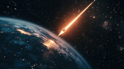 Fototapeta premium Rocket firing into space, leaving Earth behind as it heads toward the stars.