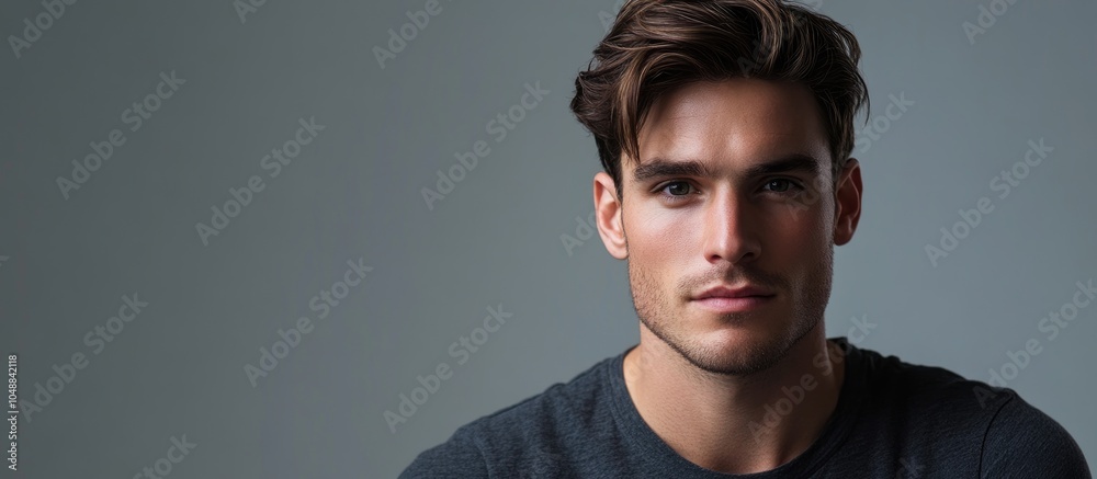 Poster A portrait of a man with a gray studio background. with copy space image. Place for adding text or design