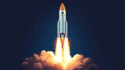 Rocket launching into space, leaving a trail of fire and smoke behind as it ascends.