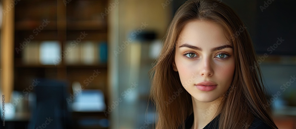 Poster portrait of an attractive young woman in an office setting. with copy space image. place for adding 