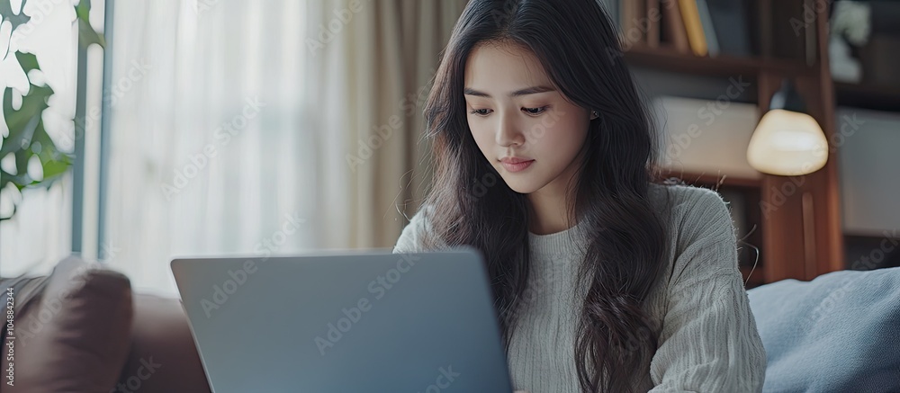 Aufkleber diligent asian woman using a laptop at home. with copy space image. place for adding text or design