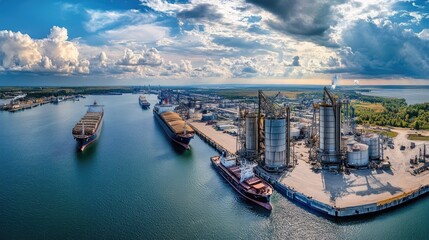 Naklejka premium A panoramic view of a port with ships being loaded with grain, showing the global reach of the grain transportation industry.
