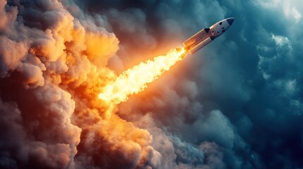 Fototapeta premium Rocket launch plume of smoke and fire, the spacecraft ascending into the atmosphere.