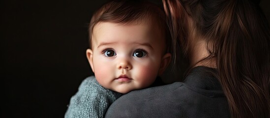 Portrait of a 6 month old baby girl being held by her young mother. with copy space image. Place for adding text or design