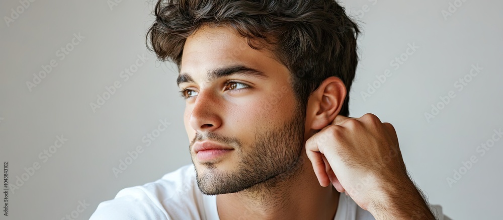 Aufkleber A handsome young man gazes thoughtfully to the side Studio shot. with copy space image. Place for adding text or design