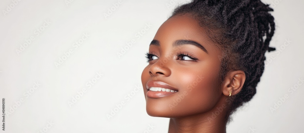 Poster portrait of a beautiful young african woman smiling while looking away against a white background. w