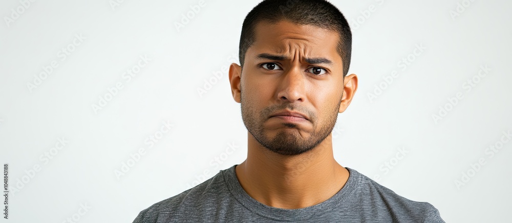 Aufkleber the expression of a man of asian descent with brown skin dressed in gray against a white background.